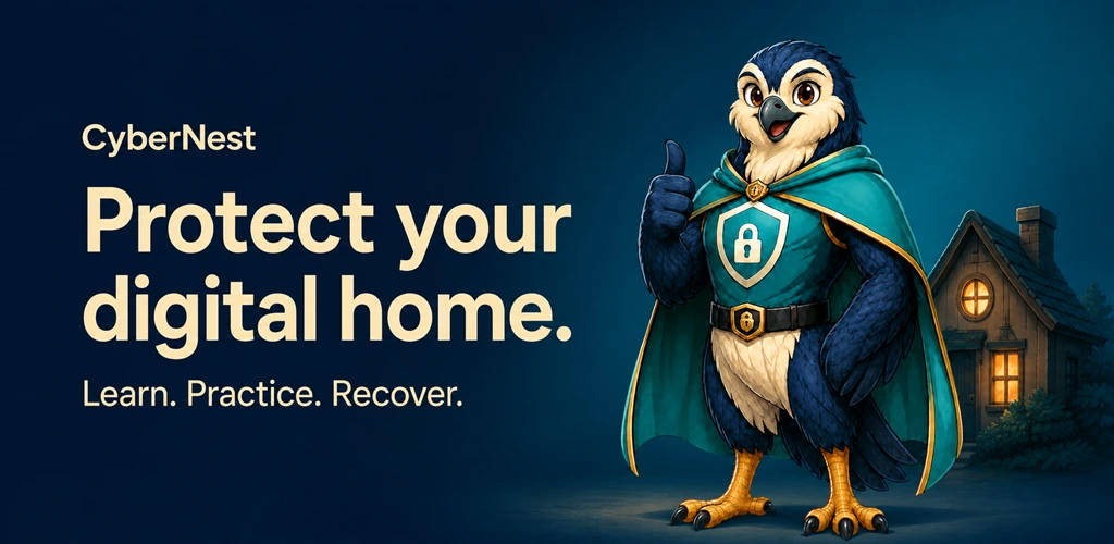 CyberNest Guardian Falcon beside a warmly lit home. Protect your digital home. Learn. Practice. Recover.